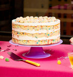 10 inch birthday cake on a cake platter